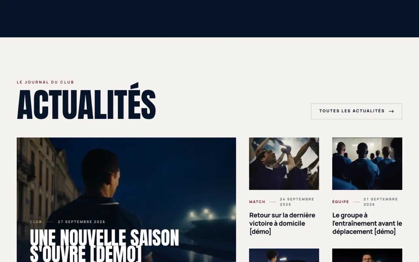 Section actualités du template de démonstration Kodo Sports