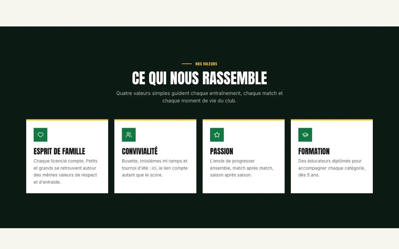 Section valeurs du template de démonstration Kodo Origine
