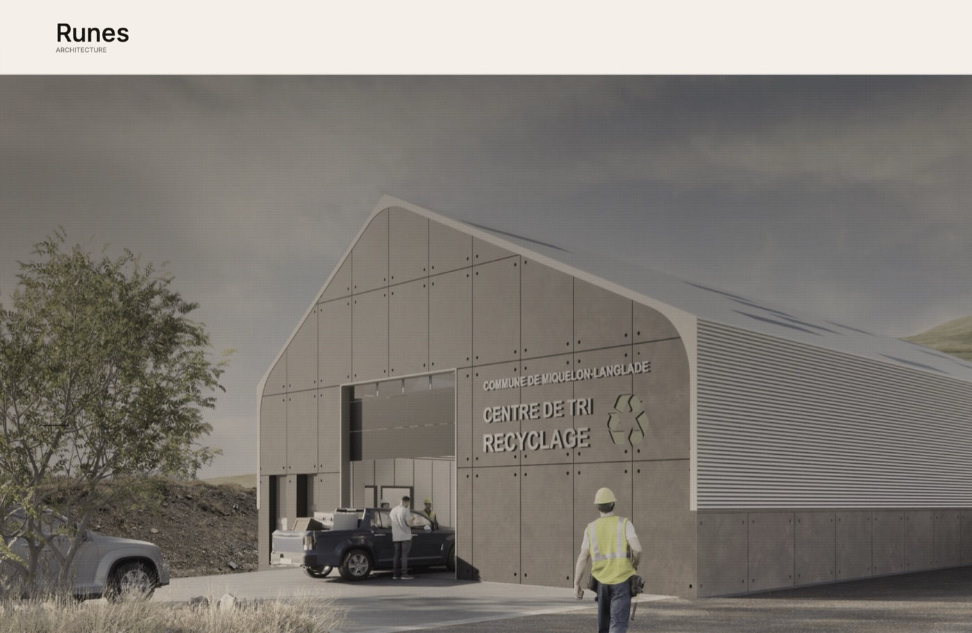 Rendu architectural d'un centre de tri présenté dans les projets de l'agence
